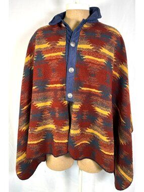 Vintage Aztec Southwestern Native Print Oversized Poncho Buttons Men Made In USA